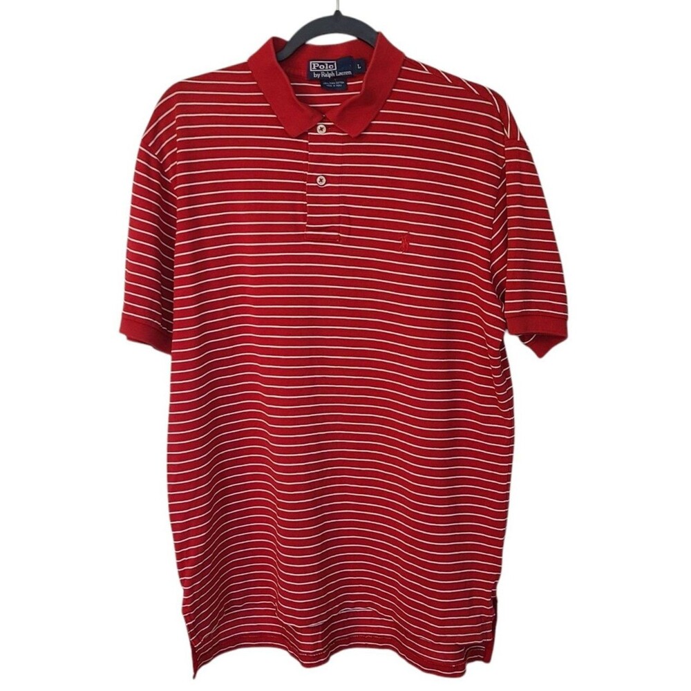 Polo Ralph Lauren Shirt Men L Red White Striped Pima Cotton S/S Golf Preppy Pony